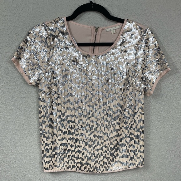 NWT Pleione Sequin Sparkle Short Sleeve Blouse Top Party Pink Silver Sz XSP - Picture 2 of 8
